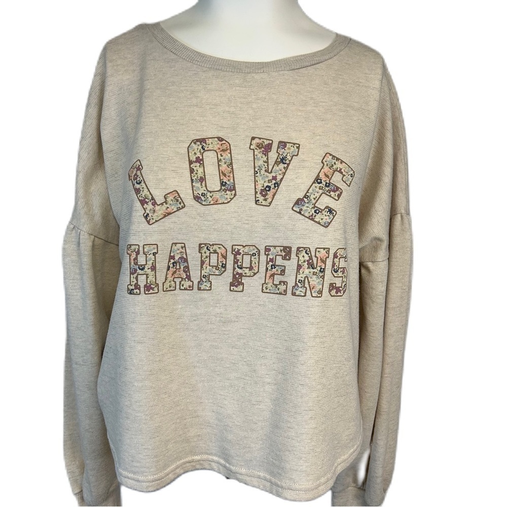 Womens Cropped Graphic Sweatshirt Size M Stretch Balloon Sleeve Neutral Classic